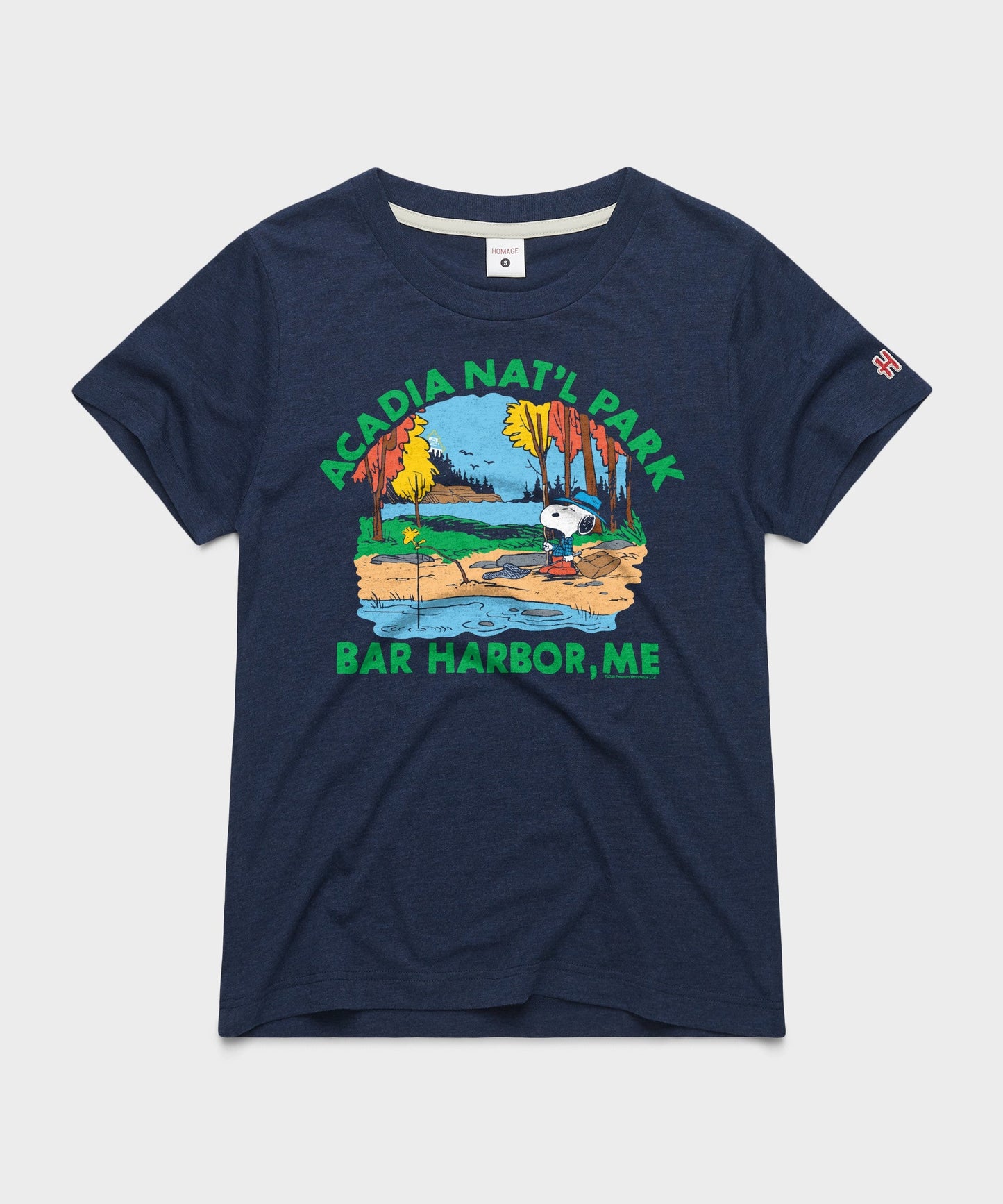 Navy crew-neck t-shirt featuring Snoopy and Acadia National Park graphic on the chest