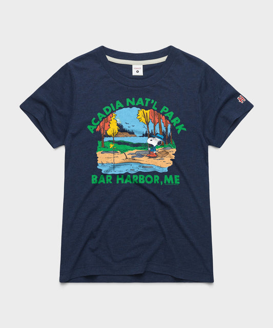 Navy crew-neck t-shirt featuring Snoopy and Acadia National Park graphic on the chest-0
