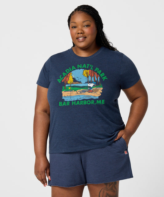 Navy crew-neck t-shirt featuring Snoopy and Acadia National Park graphic on the chest-2
