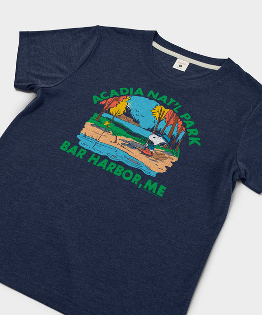Navy crew-neck t-shirt featuring Snoopy and Acadia National Park graphic on the chest-1
