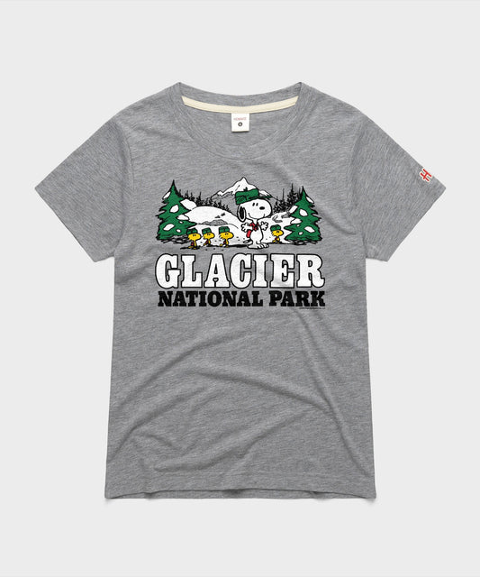Grey women's t-shirt with a graphic of Snoopy exploring Glacier National Park on the chest-0
