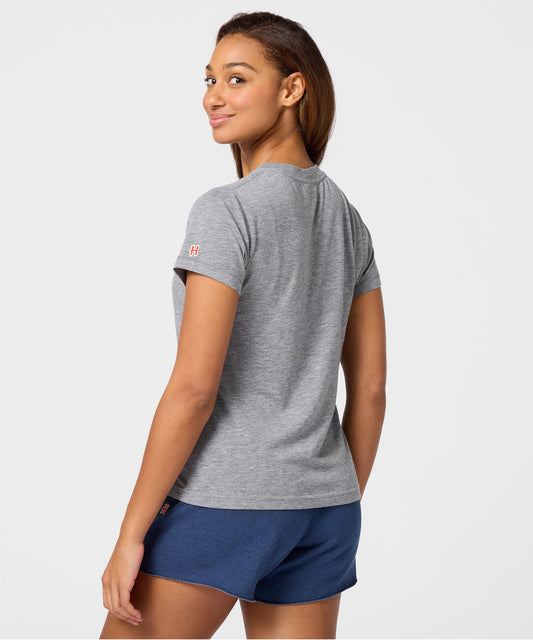 Grey women's t-shirt with a graphic of Snoopy exploring Glacier National Park on the chest-3