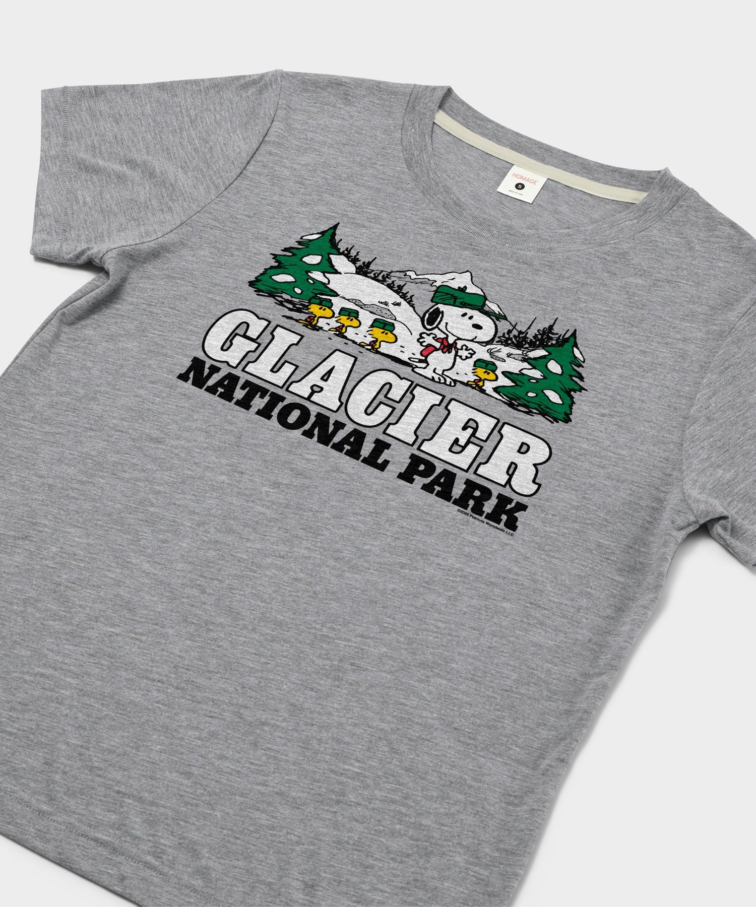 Close-up of the Snoopy and Glacier National Park graphic illustration on the grey t-shirt front