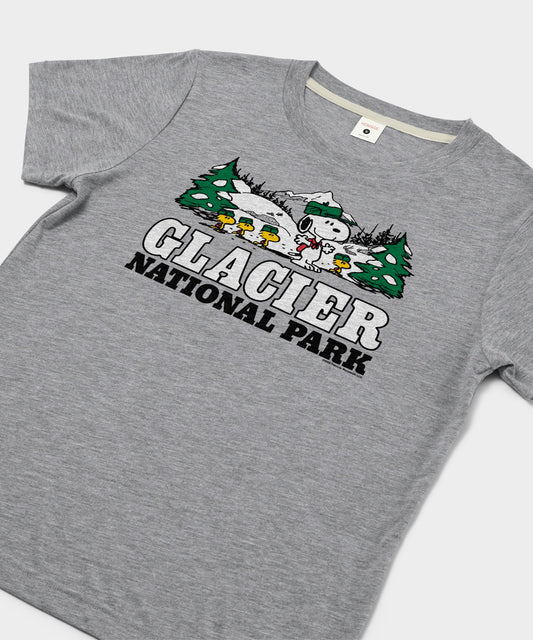 Grey women's t-shirt with a graphic of Snoopy exploring Glacier National Park on the chest-1
