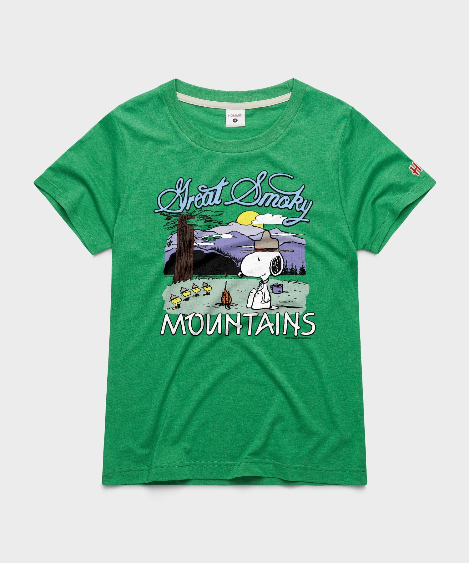 Green women's t-shirt featuring Snoopy in front of the Great Smoky Mountains on the front chest