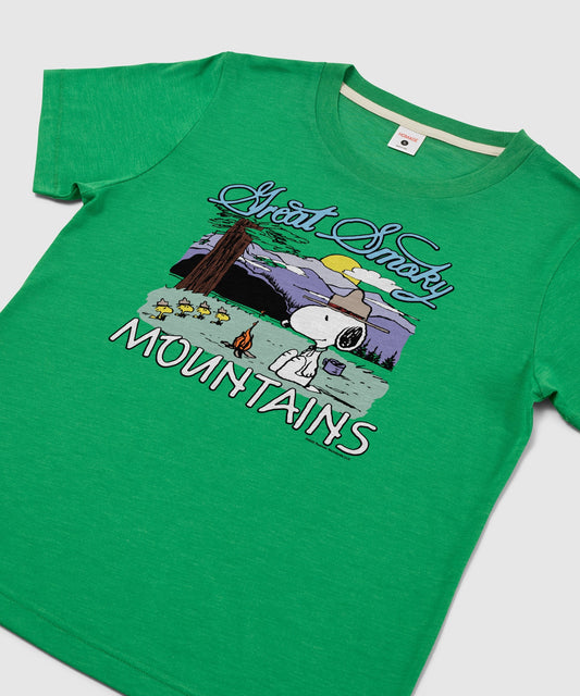 Green women's t-shirt featuring Snoopy in front of the Great Smoky Mountains on the front chest-1
