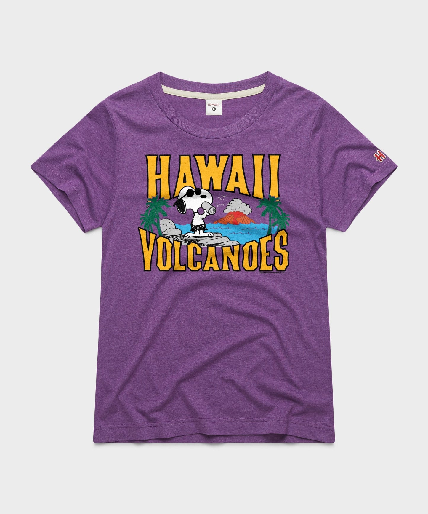 Royal purple t-shirt featuring Snoopy exploring Hawaii Volcanoes National Park printed on the front chest