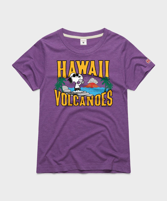 Royal purple t-shirt featuring Snoopy exploring Hawaii Volcanoes National Park printed on the front chest-0