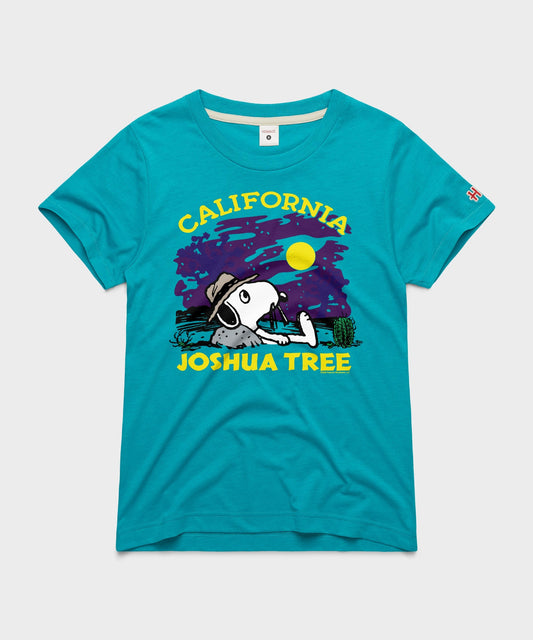Teal women's t-shirt featuring a graphic of Snoopy in Joshua Tree National Park on the front chest-0