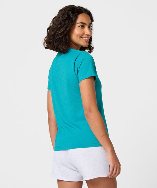 Teal women's t-shirt featuring a graphic of Snoopy in Joshua Tree National Park on the front chest-3