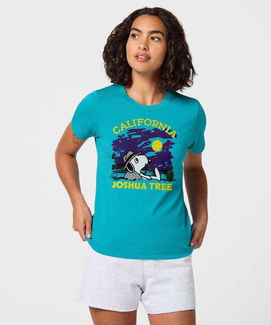 Teal women's t-shirt featuring a graphic of Snoopy in Joshua Tree National Park on the front chest-2