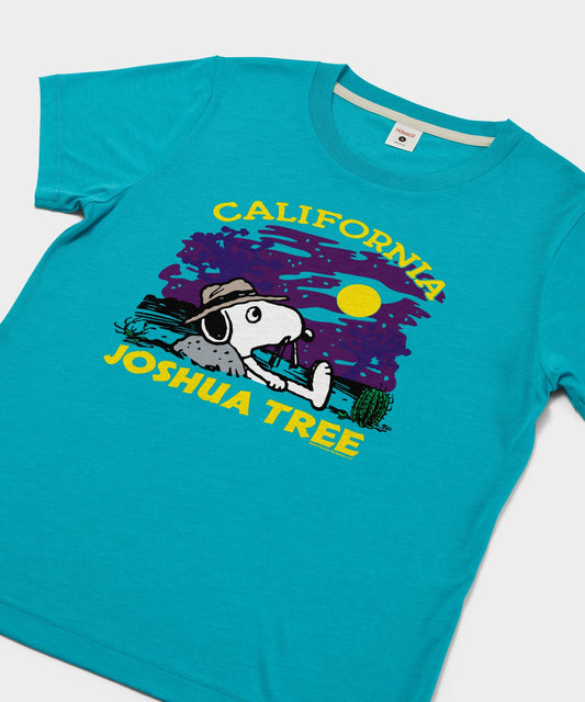 Teal women's t-shirt featuring a graphic of Snoopy in Joshua Tree National Park on the front chest-1