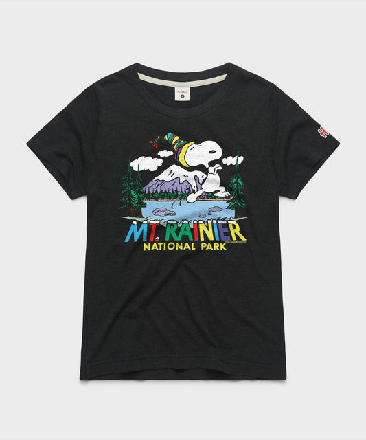 Charcoal t-shirt featuring Snoopy looking out at Mount Rainier on the front chest-0