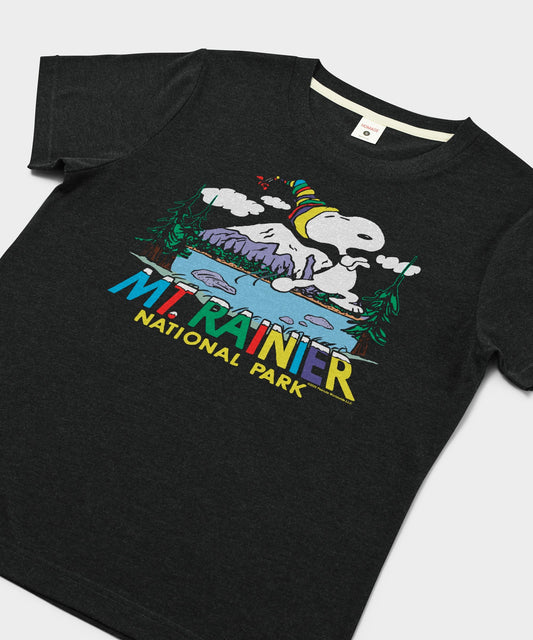 Charcoal t-shirt featuring Snoopy looking out at Mount Rainier on the front chest-1