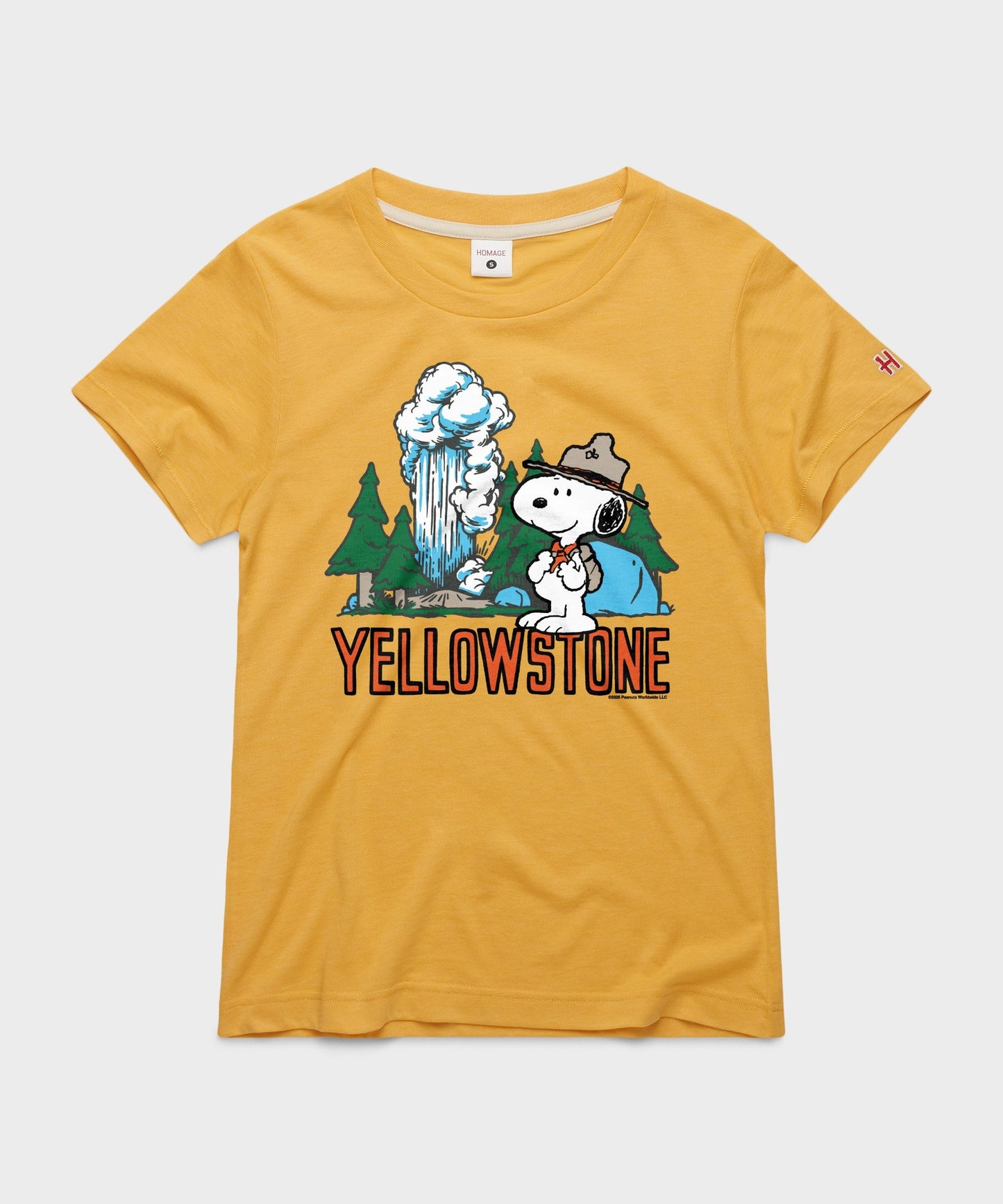 Gold women's t-shirt featuring Snoopy as Joe Ranger with Yellowstone branding across the chest