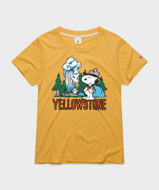 Gold women's t-shirt featuring Snoopy as Joe Ranger with Yellowstone branding across the chest-0