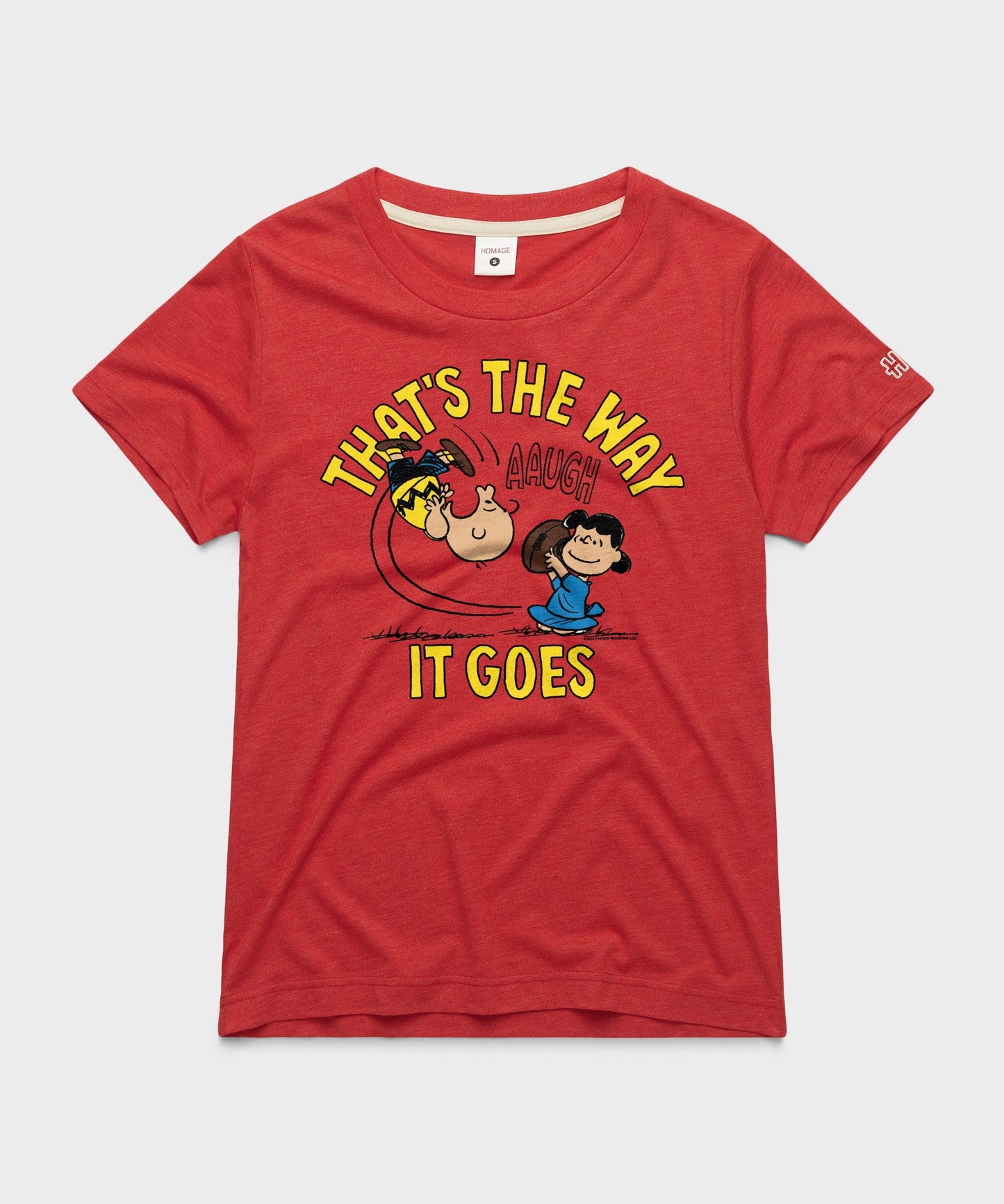 Red women's crewneck t-shirt featuring Charlie Brown and a football graphic on the front