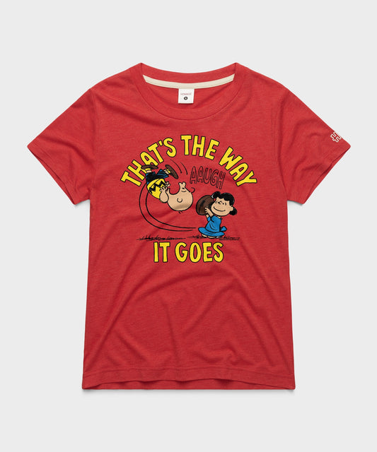 Red women's crewneck t-shirt featuring Charlie Brown and a football graphic on the front-0