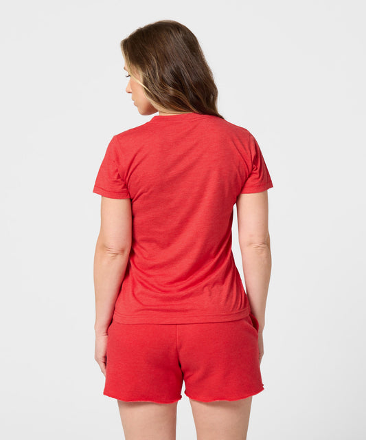 Red women's crewneck t-shirt featuring Charlie Brown and a football graphic on the front-3
