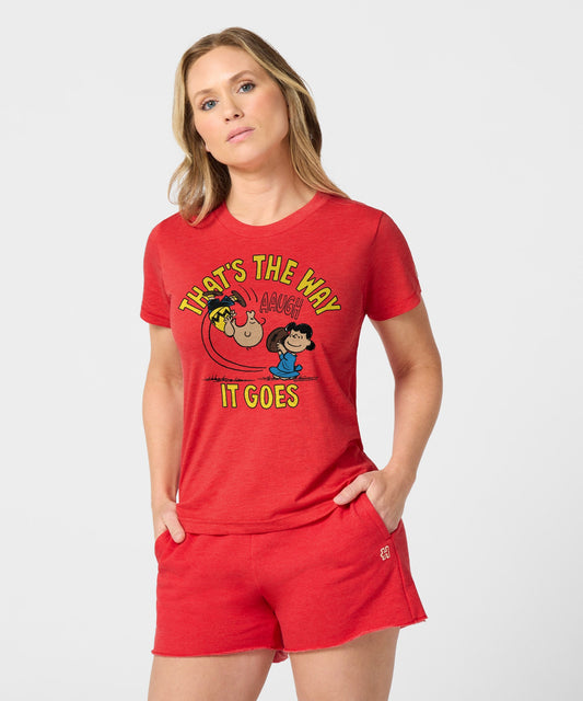 Red women's crewneck t-shirt featuring Charlie Brown and a football graphic on the front-2