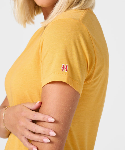 Gold women's t-shirt featuring a vintage graphic of Woodstock centered on the front chest-4