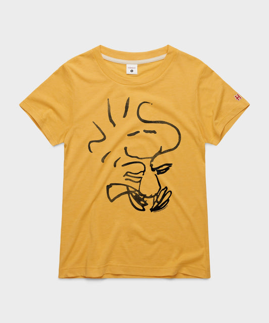 Gold women's t-shirt featuring a vintage graphic of Woodstock centered on the front chest-0