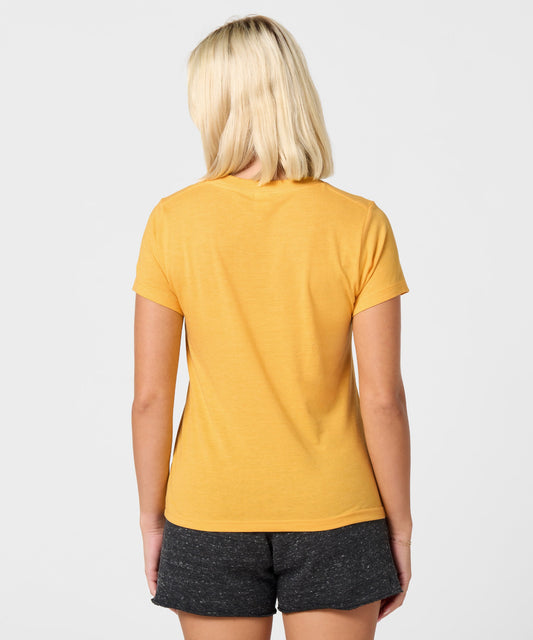 Gold women's t-shirt featuring a vintage graphic of Woodstock centered on the front chest-3