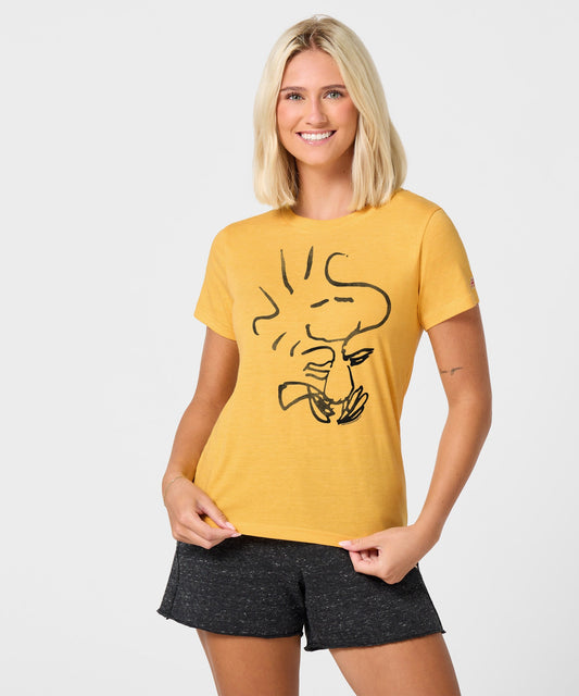 Gold women's t-shirt featuring a vintage graphic of Woodstock centered on the front chest-2