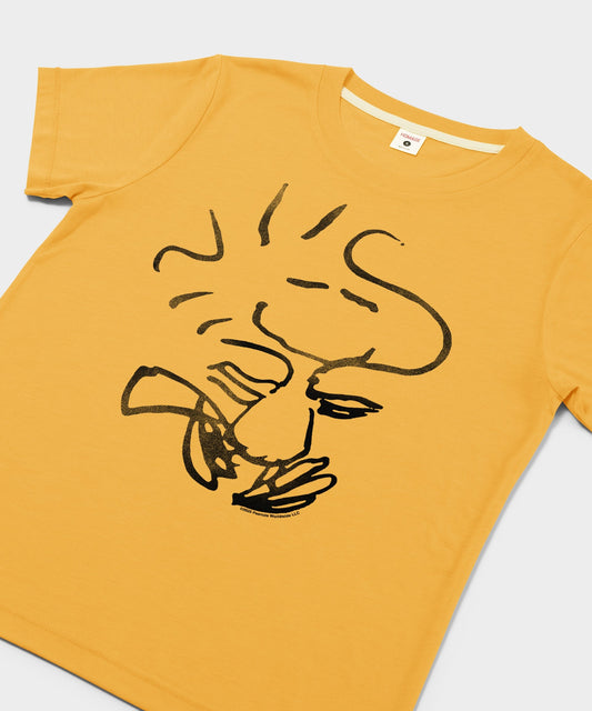Gold women's t-shirt featuring a vintage graphic of Woodstock centered on the front chest-1