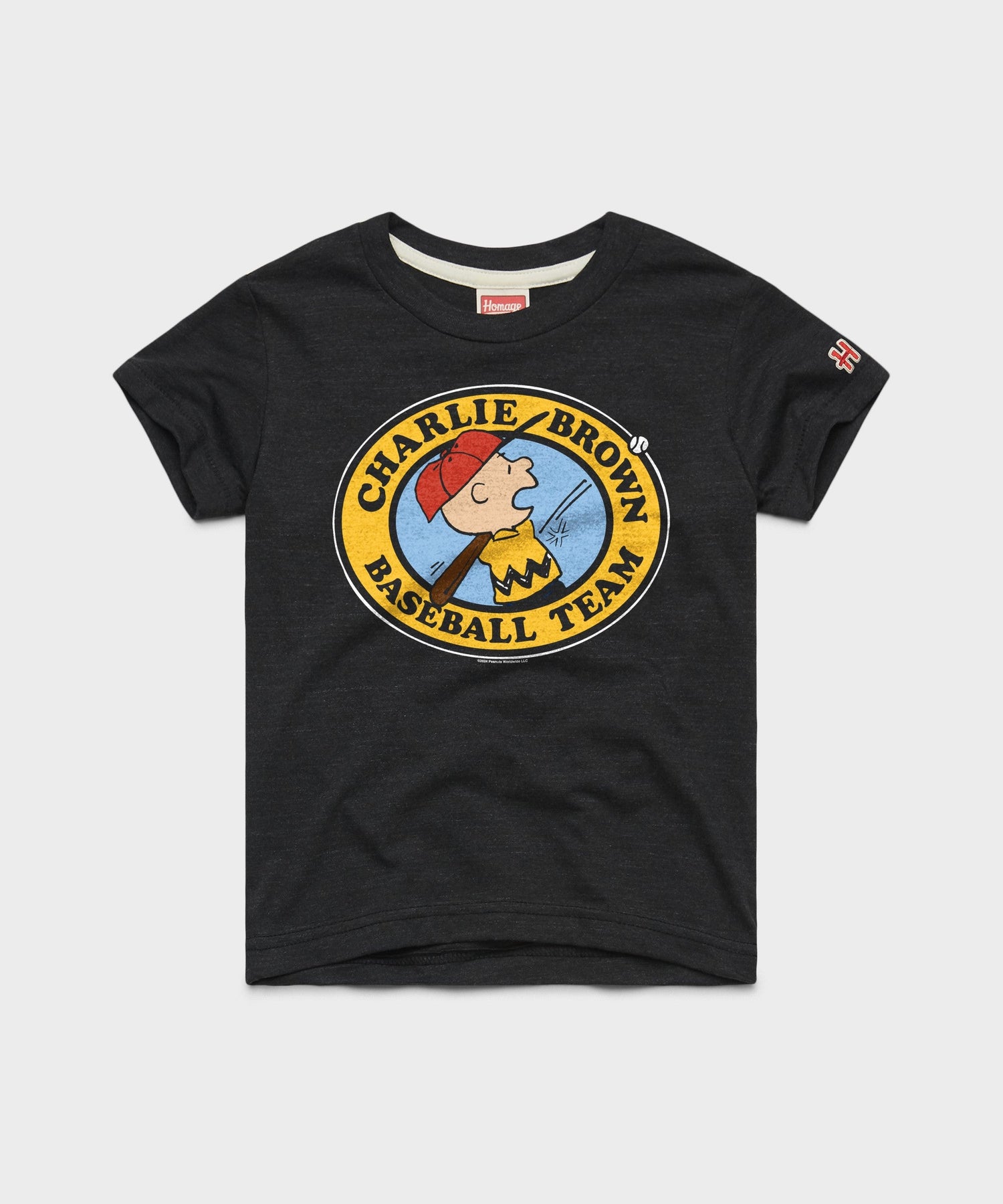 Charcoal youth t-shirt featuring the Charlie Brown Baseball Team graphic centered on the chest