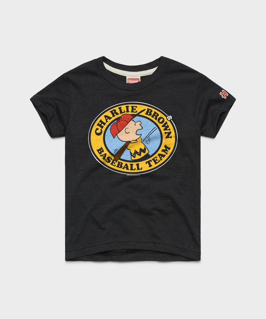 Charcoal youth t-shirt featuring the Charlie Brown Baseball Team graphic centered on the chest-0