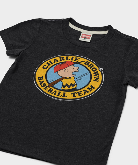 Charcoal youth t-shirt featuring the Charlie Brown Baseball Team graphic centered on the chest-1
