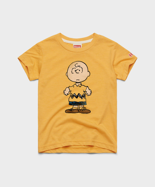 Gold youth t-shirt featuring a vintage graphic of Charlie Brown centered on the front-0
