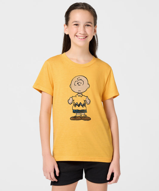 Gold youth t-shirt featuring a vintage graphic of Charlie Brown centered on the front-2
