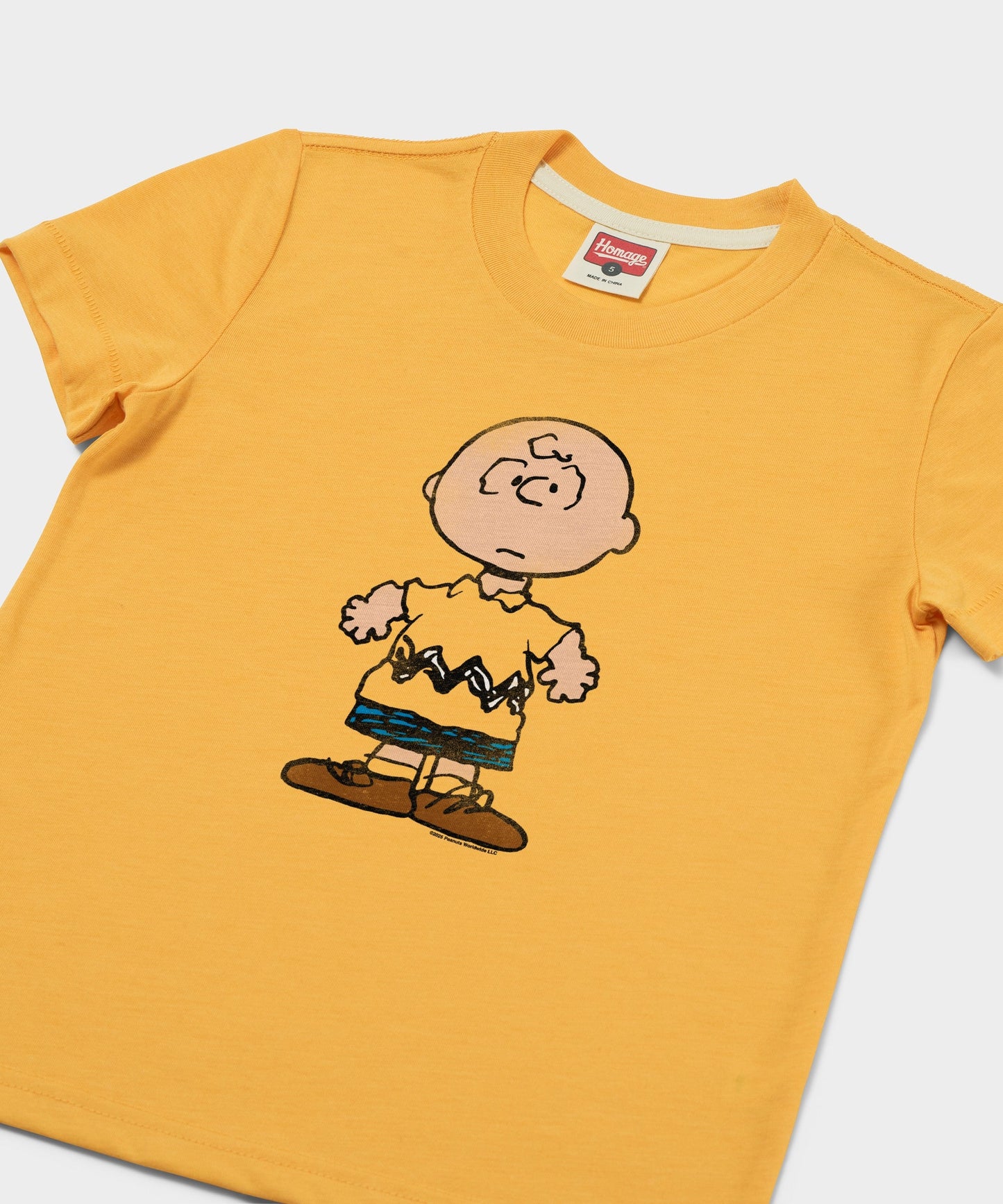 Close-up of the front graphic showing Charlie Brown in his signature zig-zag shirt