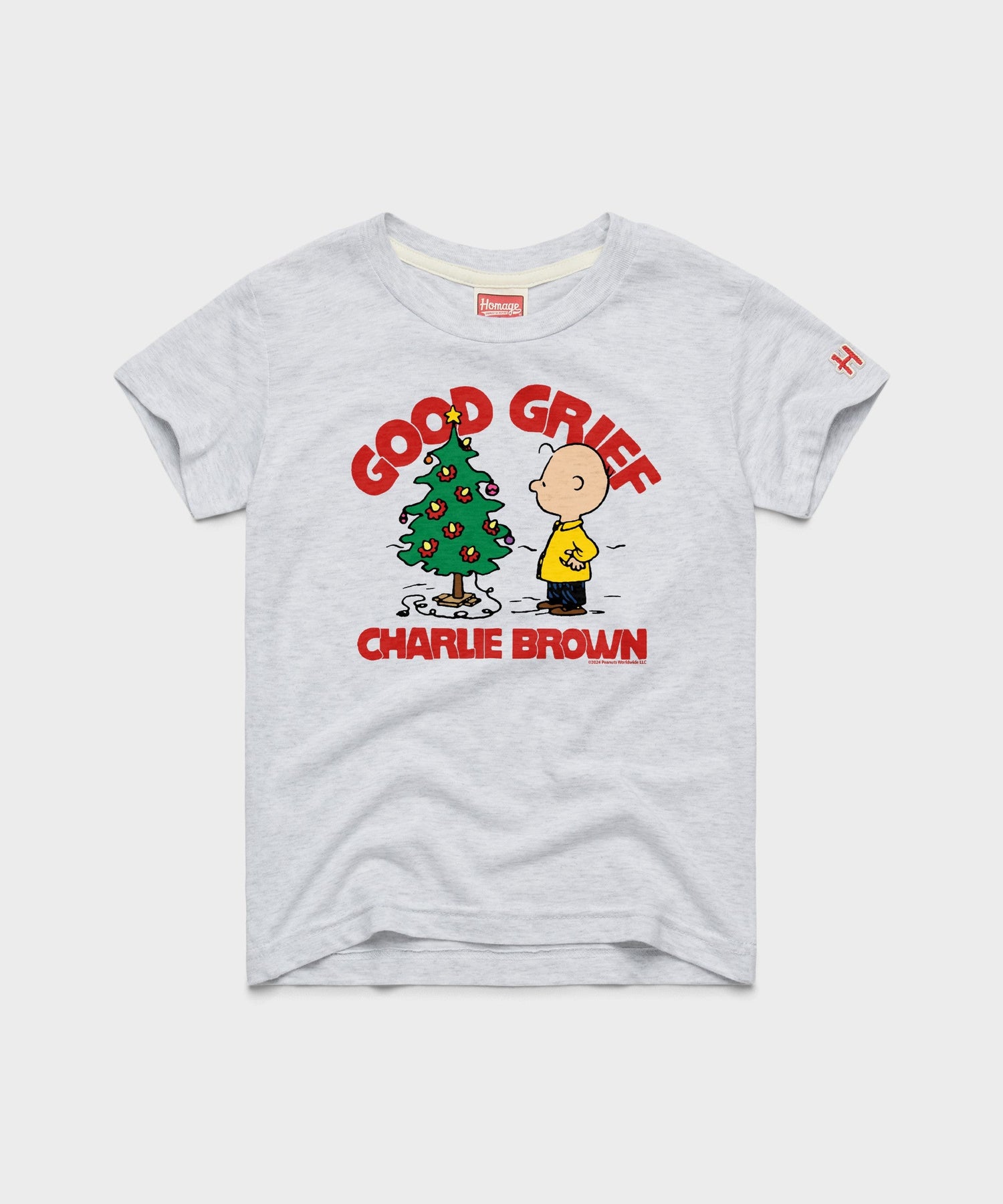 Ash grey youth t-shirt featuring a vintage Charlie Brown holiday graphic centered on the front chest