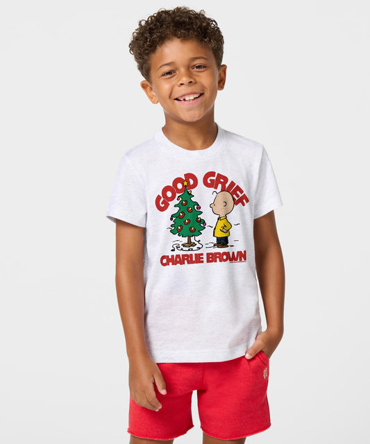 Ash grey youth t-shirt featuring a vintage Charlie Brown holiday graphic centered on the front chest-2