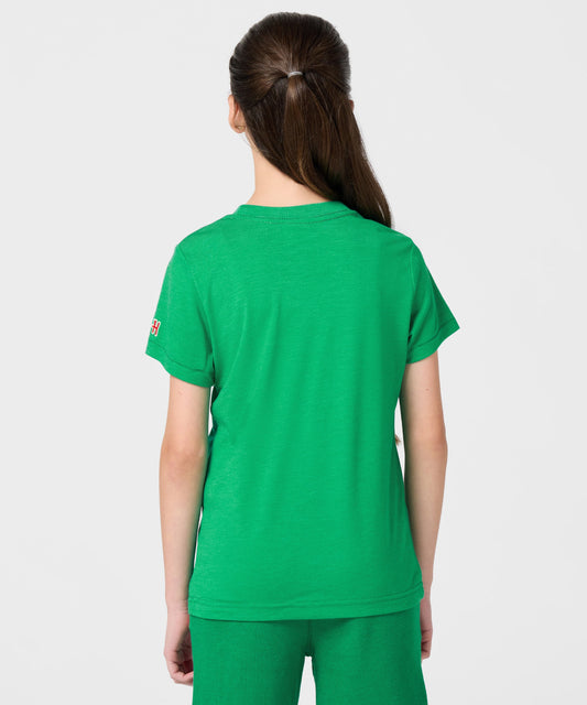 Green youth t-shirt featuring Charlie Brown ready to block a shot on the front-3