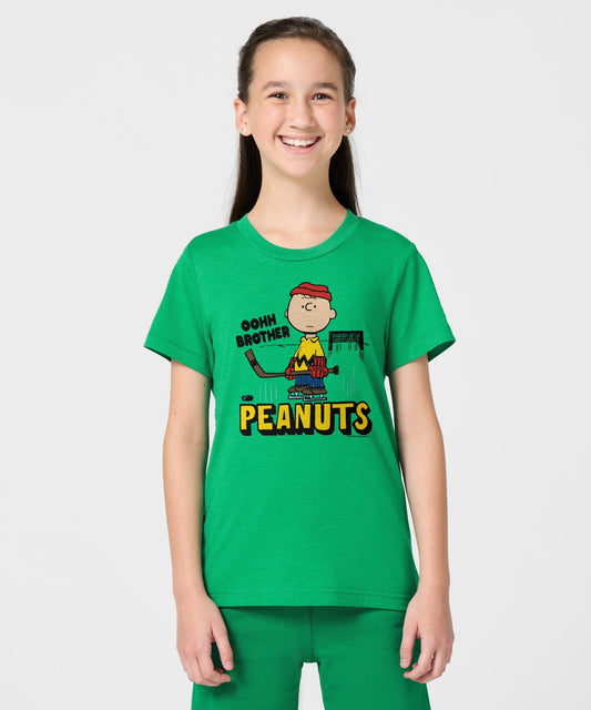 Green youth t-shirt featuring Charlie Brown ready to block a shot on the front-2
