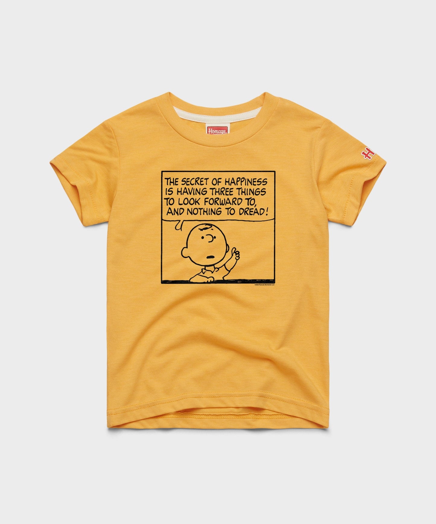 Gold youth t-shirt featuring Charlie Brown on the front chest
