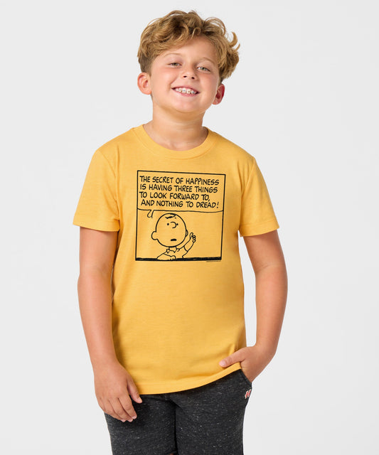 Gold youth t-shirt featuring Charlie Brown on the front chest-2