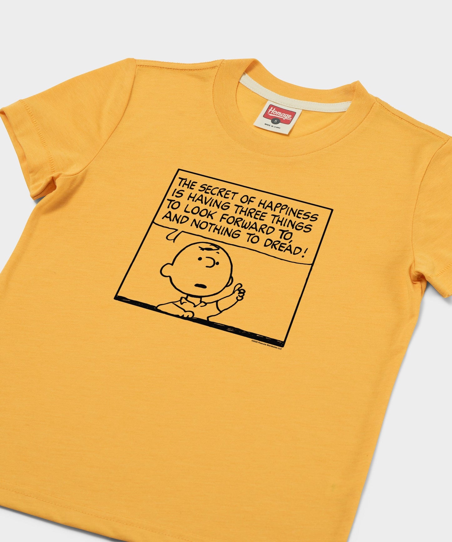Close-up of the Charlie Brown Secret of Happiness graphic on the t-shirt