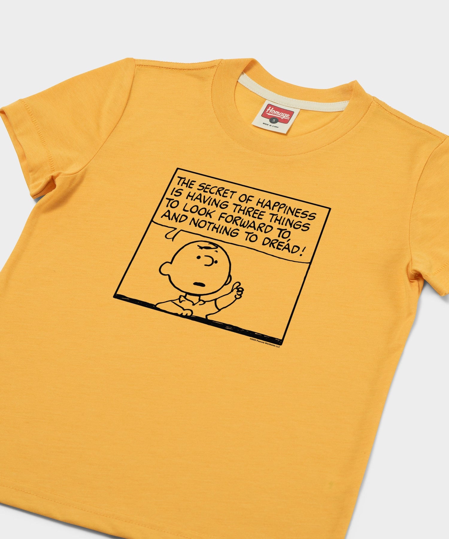 Close-up of the Charlie Brown Secret of Happiness graphic on the t-shirt