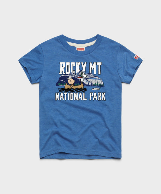 Royal blue youth t-shirt featuring Charlie Brown and Rocky Mountain National Park graphic on the front chest-0