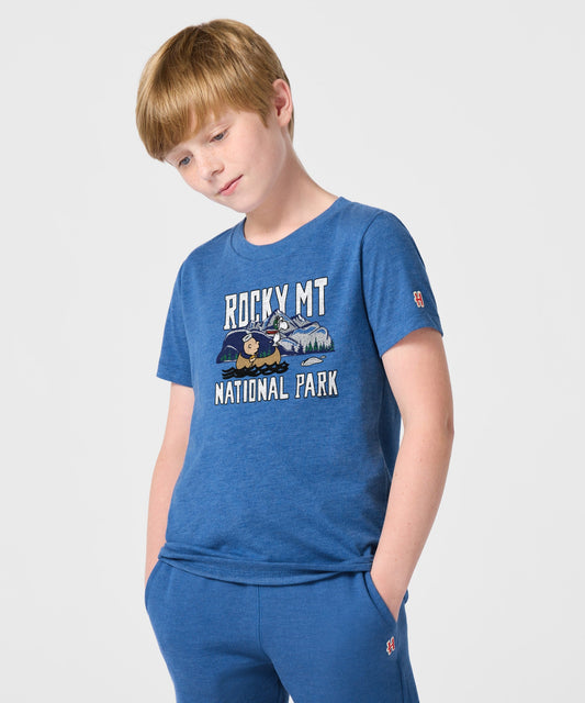 Royal blue youth t-shirt featuring Charlie Brown and Rocky Mountain National Park graphic on the front chest-2