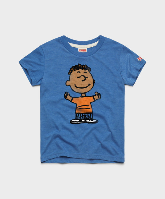 Royal blue youth t-shirt featuring a graphic of Franklin from Peanuts centered on the front chest-0