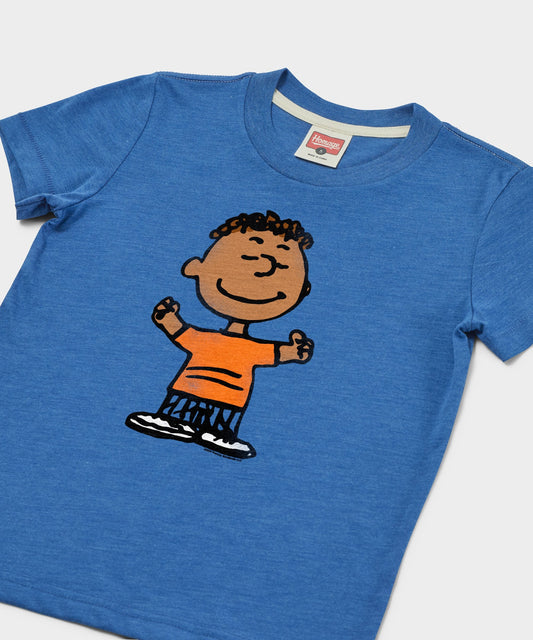 Royal blue youth t-shirt featuring a graphic of Franklin from Peanuts centered on the front chest-1