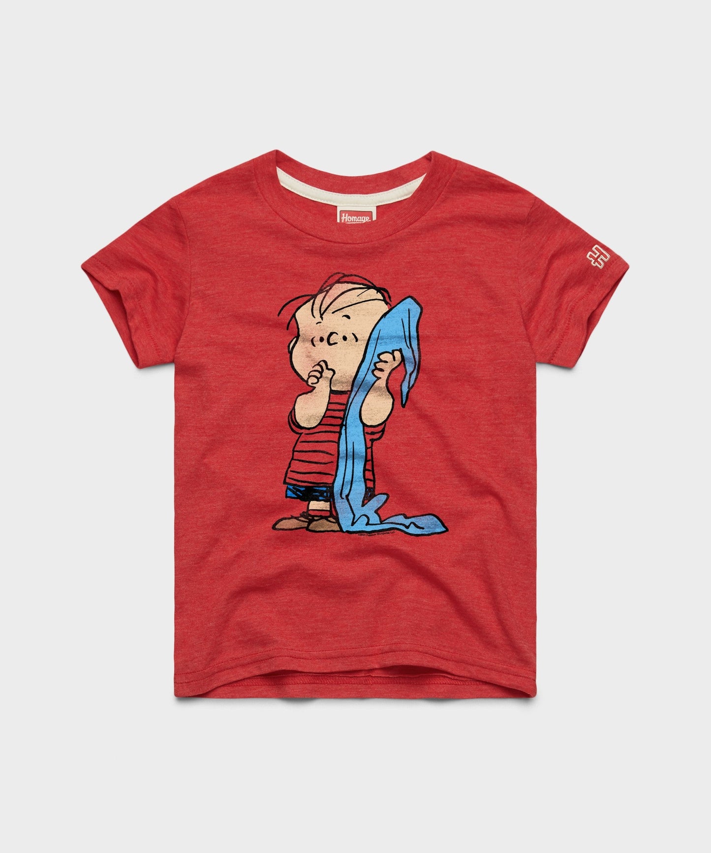 Youth red t-shirt featuring a vintage graphic of Linus van Pelt holding his blue security blanket on the center chest