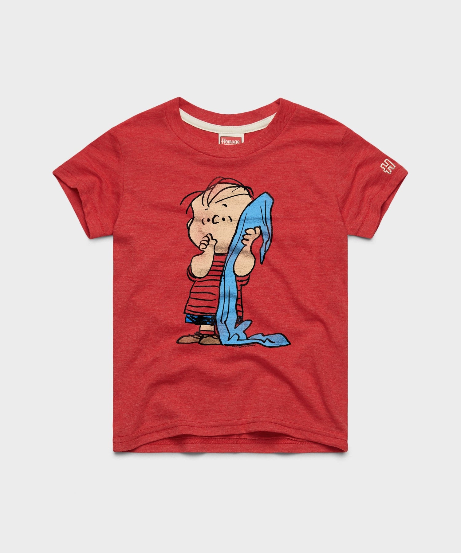Youth red t-shirt featuring a vintage graphic of Linus van Pelt holding his blue security blanket on the center chest