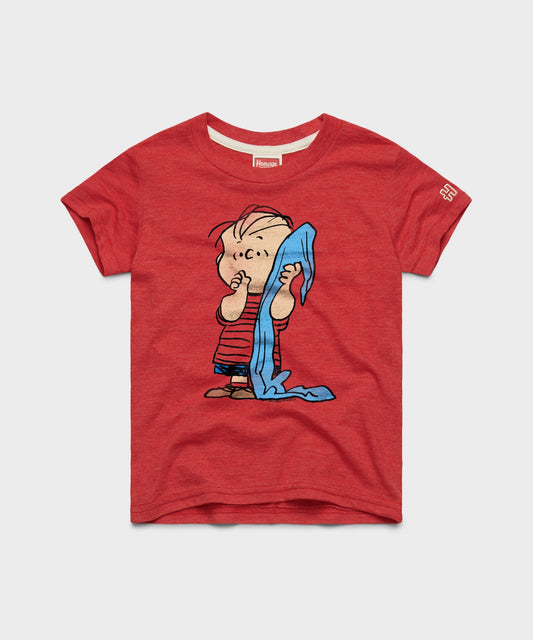 Youth red t-shirt featuring a vintage graphic of Linus van Pelt holding his blue security blanket on the center chest-0